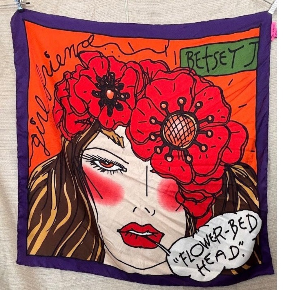 VTG Betsey Johnson Flower-Bed Head Scarf Rare Pop Art Illustrated Face Graphic